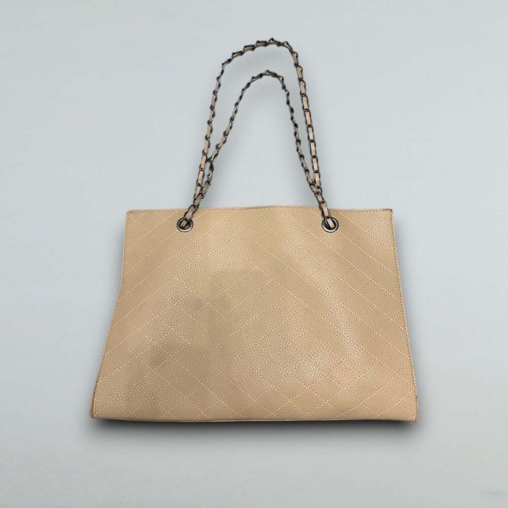 Beige Quilted Chain Strap Tote Bag with Matching Zip Pouch 2 Piece Set